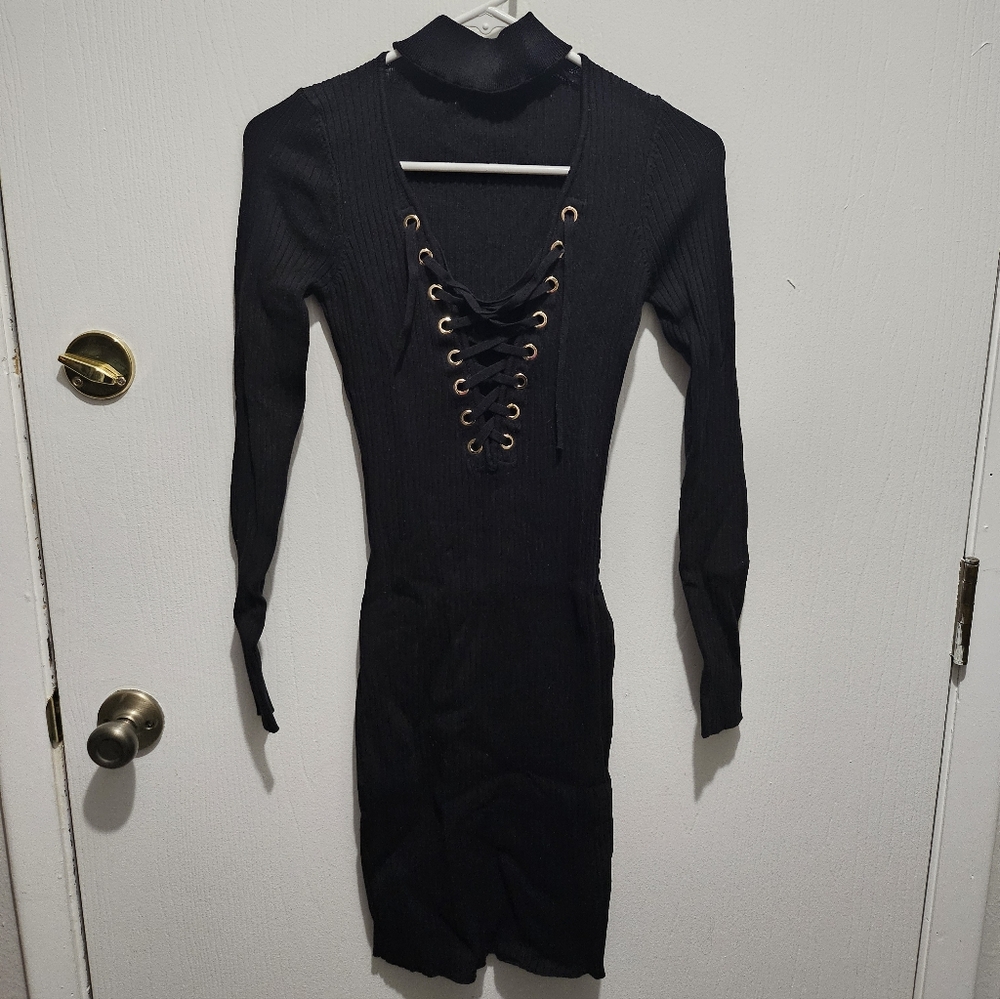 Black Lace-Up Sweater Dress